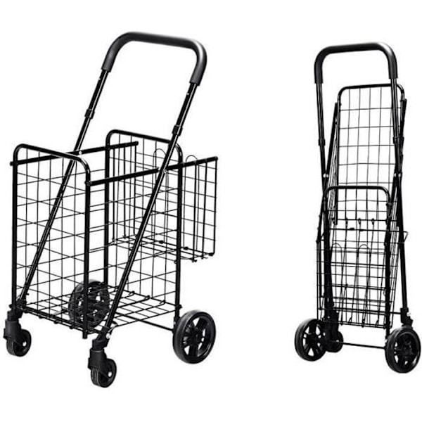 COSTWAY Sammenklappelig Shoppingvogn - 4 Hjul - 2 Kurv (48L + 10L), Stål - Maks. belastning: 20 KG - Indkøbskurv-Sort Svart