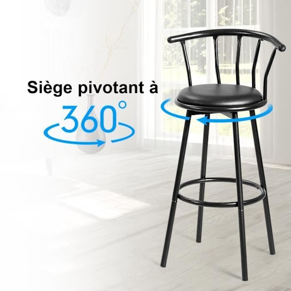2 Industrielle Barstole med Ryg, Rundt 360° Drejbar Polstret i Skum, Stålstruktur med Fodstøtte, Sort