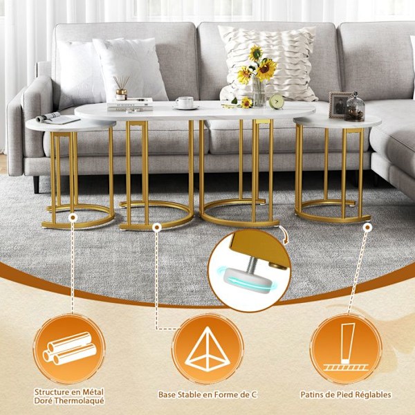 COSTWAY Ensemble 3 PCS Stabelbare Sofaborde, Plade i Syntetisk Marmor, Oval Sofabord og 2 Runde Sideborde