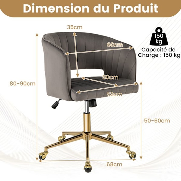COSTWAY Kontorstol i Velvet Swivel Base og Guldhjul, Justerbar Sædehøjde 50-60 cm Belastning 150 kg