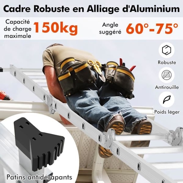 COSTWAY Teleskopstige 4.6M 7 i 1 - Aluminiumslegering - Belastning 150 kg - 17 trin - Skridsikre trin - Fodstøtter Pengar
