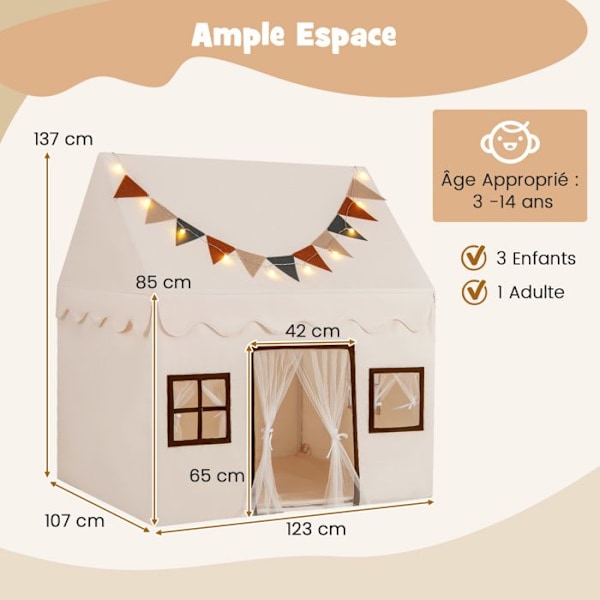Børnetelt COSTWAY - Antiskrid tæppe - Flag - Lys guirlande - Nette gardiner - Vinduer - Aktivitets tunnel 3-14 år - Beige Beige