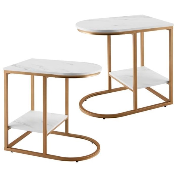 COSTWAY Side Table Marmorering med 2 Niveauer Guldbelagt Stål Sofa i Moderne Skandinavisk Stil