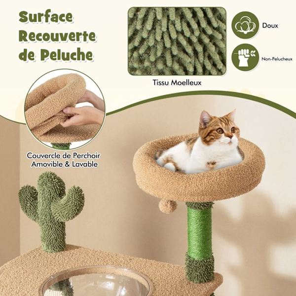 COSTWAY Cactus Cat Tree 150 cm Flernivå, skrapstolpar, sisalrep, lägenhet, abborre, självvårdande, hängande leksak Färg: Grön + brun