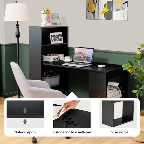 COSTWAY computerbord med reol, 75 cm højt computerbord med 6 lags opbevaringshylder, sort