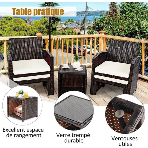 COSTWAY 5 ST Utomhus trädgårdsmöbler i harts - 2 stolar, 1 bord, 2 pallar, 4 anti-UV-kuddar för balkong Brun+vit