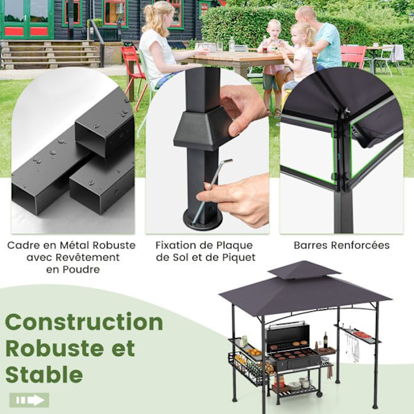 Tonnelle för Barbecue 242x153cm COSTWAY - 2 Nivåer - 2 Sidobord - Förvaringskorg - Hängkrokar - Öppnare Grå