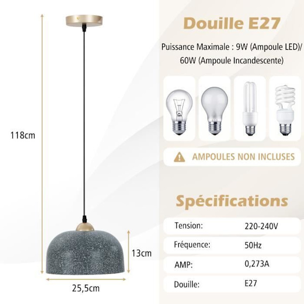 COSTWAY modern taklampa i grå texturerad konststen justerbar kabel E27 lampfot för kök, entré, sovrum
