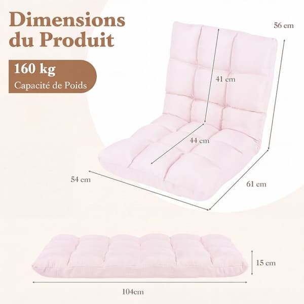 COSTWAY Fällbar Stol 14 Positioner Stålram Belastning 160 kg Skum Polyester Fällbar Praktisk Vardagsrum Sovrum Kontor Rosa