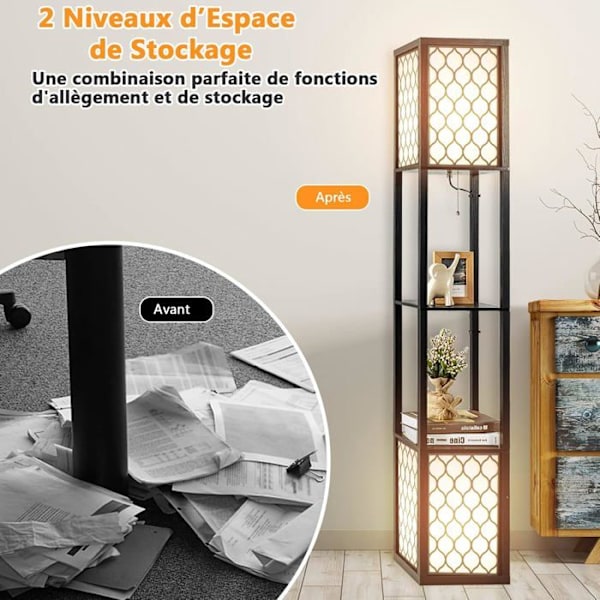 COSTWAY Vardagsrumsgolvlampa 1,56M med 2 förvaringshyllor Skandinavisk design Dubbelströmbrytare 40W i trä