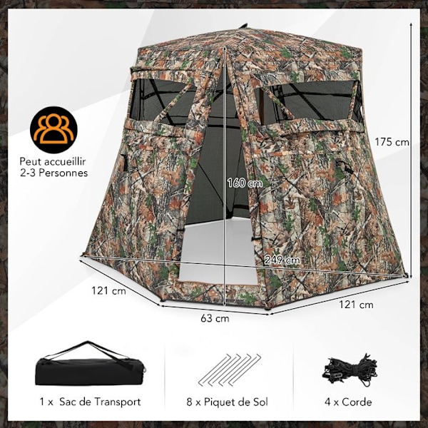 COSTWAY-naamiointi 2-3 hengen pop-up-metsästysteltta - 4 kirkasta yksisuuntaista paneelia - 4 ikkunaa, verho - Kannettava laukku