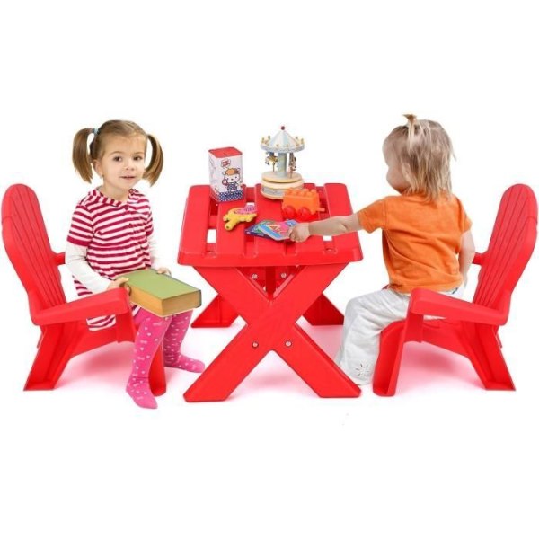 COSTWAY bord med 2 utomhus Adirondack stolar, stabil X ram, rundade hörn belastning 30 kg för barn 3-6 år Röd