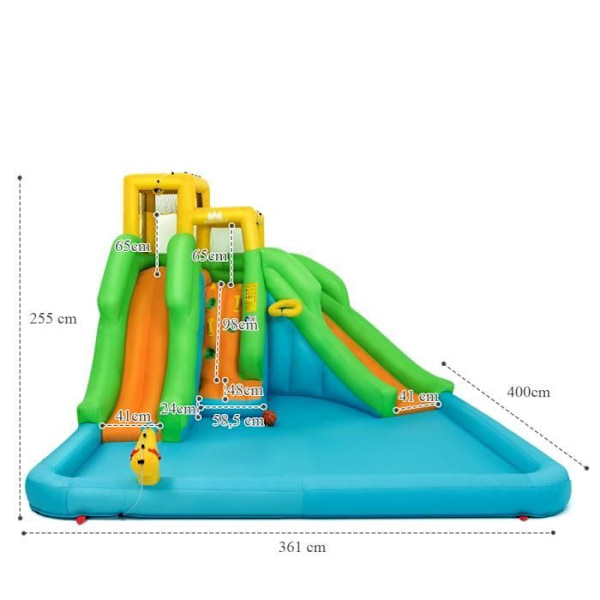COSTWAY 5 i 1 gummislot til børn med dobbelt rutschebane vandland, klatrevægskurv, swimmingpool, vandkanon uden blæser Flerfärgad