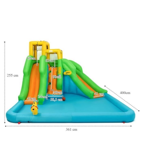 COSTWAY 5 i 1 uppblåsbart hoppborg för barn med vattenpark med dubbelrutschkana, klätterväggskorg, pool, vattenkanon utan fläkt Flerfärgad