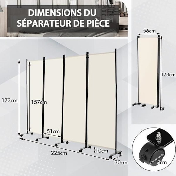 COSTWAY rullskärm 4 paneler Vikbar, fristående rumsavdelare Skydda integritet, 225 x 173 CM Vit