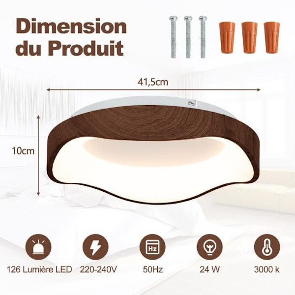 COSTWAY LED Loftslys Rundt Lysarmatur Ø 41,5CM-24W 3000K-Metalramme-Varmt Lys-Træimitationsmønster-Soveværelse, Stue, Gang