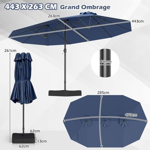 Parasol Dobbelt Have 470x285cm Rektangulær - COSTWAY - Base og 2 Sandposer (Uden Sand) - 12 Robuste Spidser - Blå