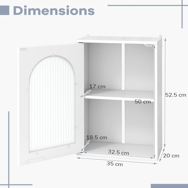 COSTWAY Väggskåp för Badrum - Dörr i Härdat Glas, Justerbar Hylla, för Badrum, Vardagsrum, 35x20x52,5cm Vit Vit