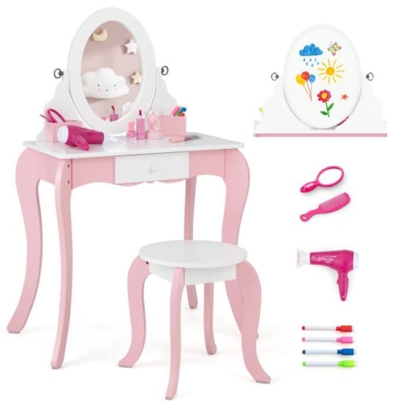 COSTWAY 2 i 1 toalettbord/skrivbord med roterande spegel, dubbelsidig och pall, för 3-7 år gamla barn, 60 X 34 X 100,5 CM