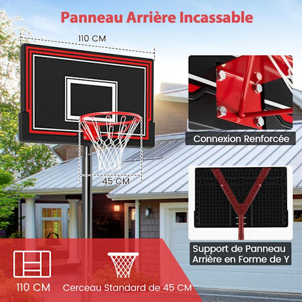 COSTWAY Fritstående Basketball Bøjle-Justerbar Højde 230-305cm-Uknuselig Backboard-Fyldbar Base-Hjul-Voksne/Børn