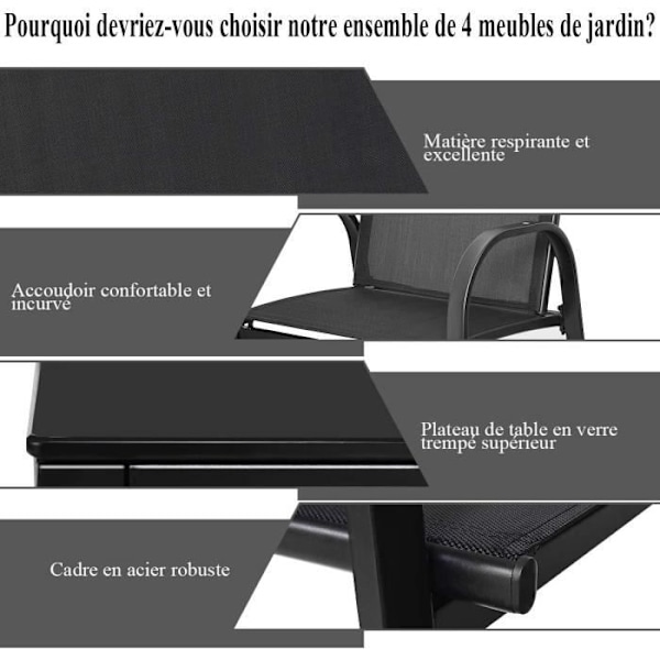 COSTWAY Trädgårdsmöbelset 4-sits, 2 fåtöljer, 1 soffa och 1 soffbord i glas, anti-UV-textiltyg, svart