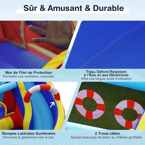 COSTWAY Vandret Inflatable 6 i 1 med Buet Rutschebane, Sprøjtende Pool, Målspil og Vandkanon uden Pumpe til Børn Blå, gul och röd