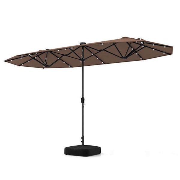COSTWAY Parasol Dobbelthave XXL 400 x 200 x 240 cm - 36 LED Lys - Base Inkluderet - 12 Spidser - Rektangulær Brun