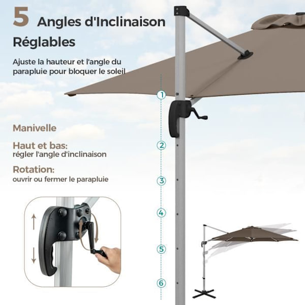 COSTWAY Tilt offset parasol Dia.339x260cm med krydset base 360° rotationshåndsving, 8 ribber til haveterrasse Brun