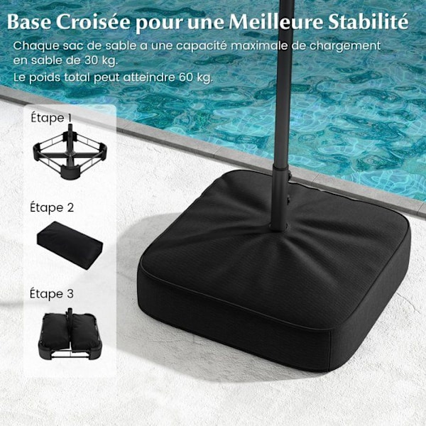 COSTWAY Parasol Dobbelthave XXL 400 x 200 x 240 cm - 36 LED Lys - Base Inkluderet - 12 Spidser - Rektangulær Brun