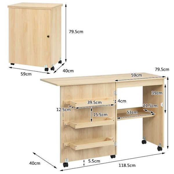 COSTWAY Fällbart Sybord - 3 Lådor och 1 Förvaringshylla - Låsbara Hjul för Vardagsrum, Kontor, Studio Naturlig