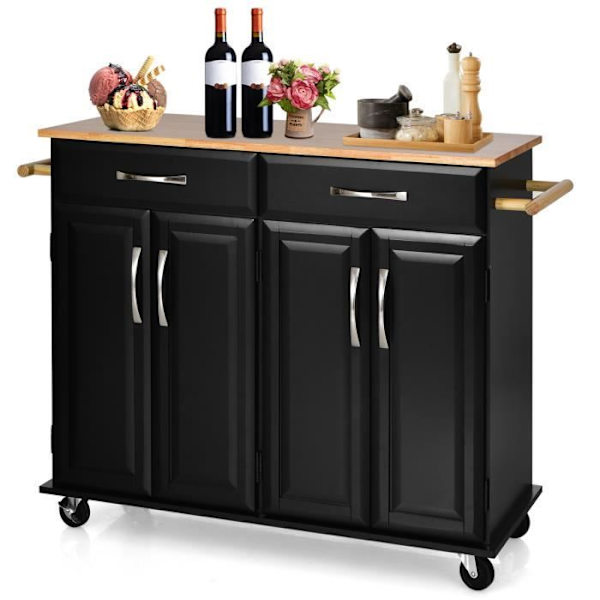 COSTWAY-keittiövaunu pyörillä - 2 laatikkoa, 2 kaksiovista kaappia, säädettävät hyllyt - Kitchen Island vaunu - musta Svart