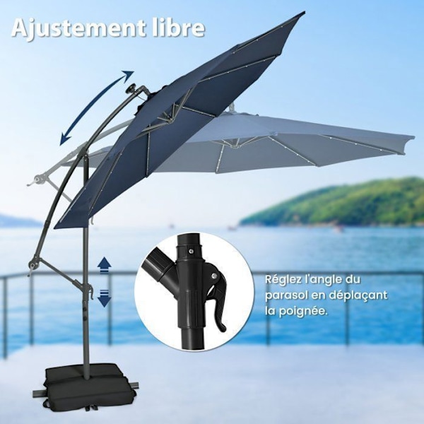 Parasol deplacerad 3M 40 LEDs - COSTWAY - Kryssbas med sandväska - UV 20+ polyester tyg Blå - Solpanel 6 timmar Blå