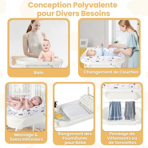 COSTWAY Babyskiftebord-Badekar 20L 4 i 1 Sammenklappelig med 4 Hjul, 1m Rør, Opbevaringsbakke PVC Vandtæt Pude 35Kg Hvid