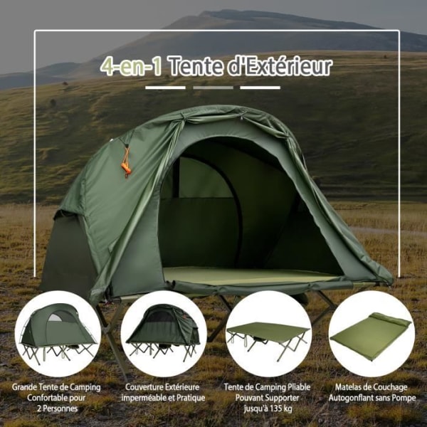 COSTWAY 2 Person Upphöjt Campingtält Självuppblåsande Madrass Bärväska Hjulförsedd Flysheet Lamp Krok Grön