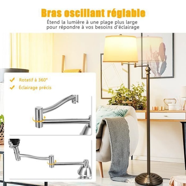 COSTWAY Læselampe Salon på Fod 152CM med Svingarm 360° og PVC Skærm E27 Fatning (Max 60W) Rør i Forguldent Jern Værelse