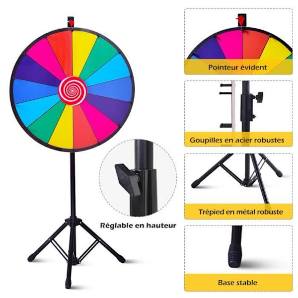 COSTWAY Wheel of Fortune 24" telineessä (halkaisija: 61 cm), 14 koloa, palkintopyörän korkeussäädettävä, pyyhittävä kynä, tasainen pyöriminen Flerfärgad