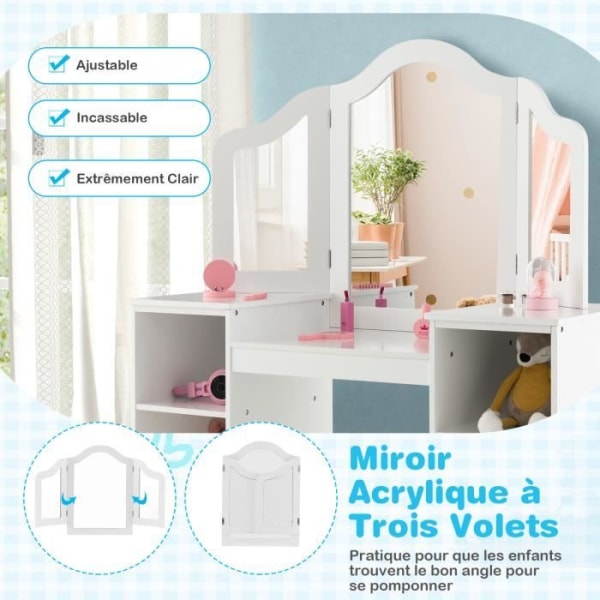 COSTWAY 2-i-1 toalettbord för barn med stol, löstagbar trefaldig spegel, 4 förvaringsfack Vit