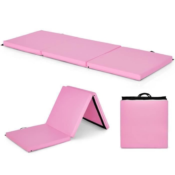 COSTWAY kokoontaittuva kuntosalimatto-180 x 60 x 5 cm-3 kerros kahva-koukku- ja silmukkakiinnikkeillä-vedenpitävä PU EPE täyte-vaaleanpunainen Rosa