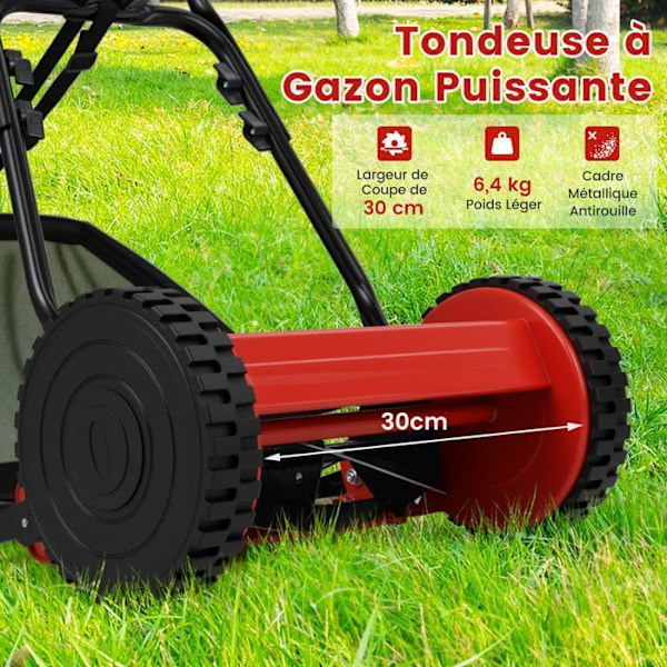 Manuell gräsklippare COSTWAY - Klippbredd 30 cm - Klipphöjd 15 till 40 MM - Fack 18,5 L - 2 halkfria hjul - Röd