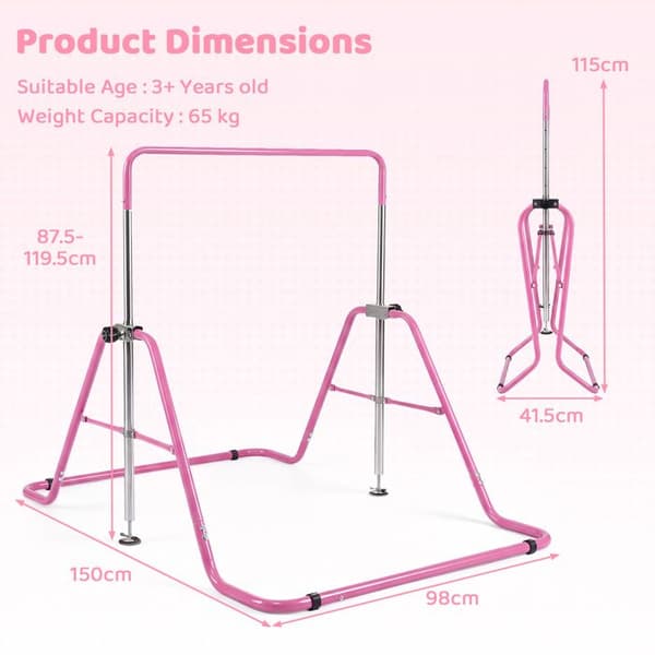 COSTWAY Fällbar Gymnastikstång för Barn, Stor Stabil Triangulär Struktur, 5 Höjder, Kompatibel med Gunga, 65 kg, Rosa