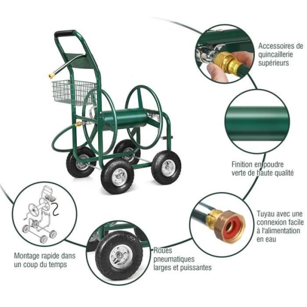 COSTWAY Haveslangerullevogn med 4 hjul, 1,7M slangeopbevaringskurv til have 95x62x113CM