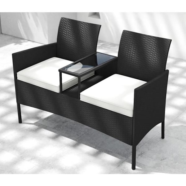 COSTWAY Ensemble 3 pcs Integreret Bord og Havestole i PE Rattan, 2 Pladser, Bløde Puder og Tempereret Glasplade, Hvid Färg på rotting: Svart | Färg på ku