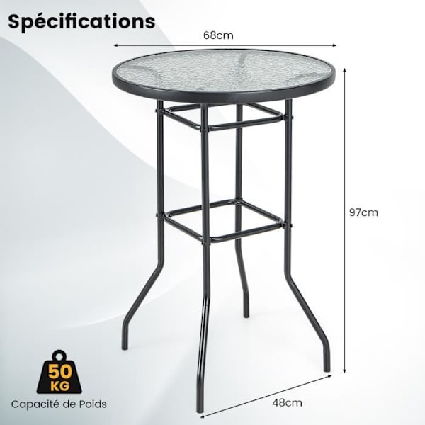 COSTWAY Trädgårdsbarbord i härdat glas - H 97 cm, halkfria fötter, pulverlackerad metallram - Inomhus utomhus