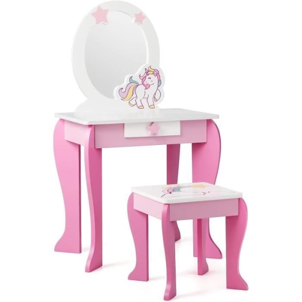 COSTWAY Sminkbord för barn Sminkbord med pall, avtagbar spegel och 1 förvaringslåda Princess Style Pink