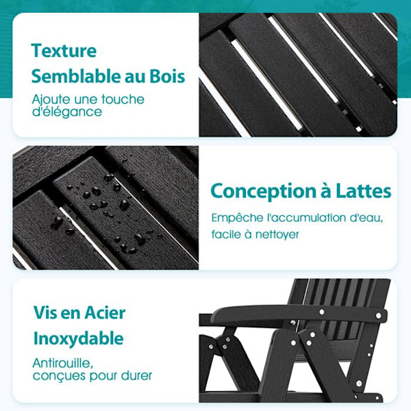 COSTWAY Foldsammen Udendørs Havestol i HDPE, Armlæn og Ryg, Lamel Sæde, Kapacitet 150 kg, Indendørs Udendørs, Sort Svart