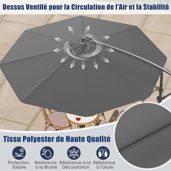 Parasol Déporté 300 x 250 cm-COSTWAY-med 40 LED - Korskors - Lutningsjustering - Veva - 360° Rotation - Grå