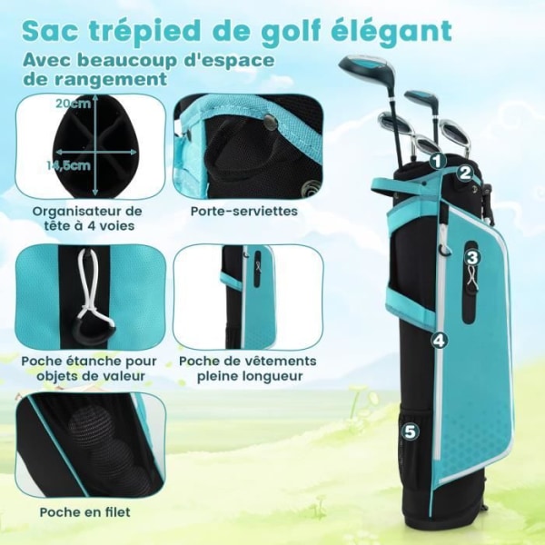 COSTWAY Golfbag Set för barn i åldrarna 11 till 13 - Regntät huva - '1' Driver, '5' Hybrid, '7', '9', 'S' Irons and Putter - Blå