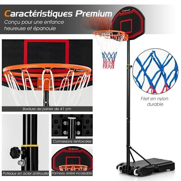 COSTWAY Fritstående Basketball Bøjle Justerbar Højde 155-210 CM Bærbar på hjul med bagplade til børn/voksne Röd vit och blå