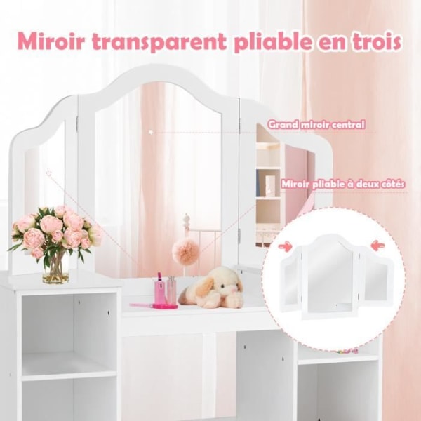 COSTWAY 2-i-1 sminkbord för barn med avtagbar spegel, barnskrivbord med 4 hyllor i prinsessstil för flickor, vit