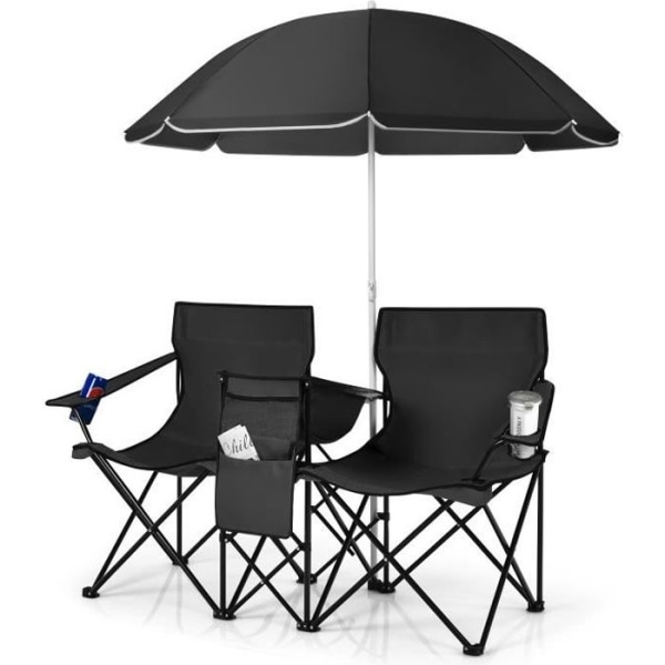 COSTWAY 2-sits hopfällbar campingstol/fåtölj med kylväska, parasoll, mugghållare, armstöd, last 270 kg, svart